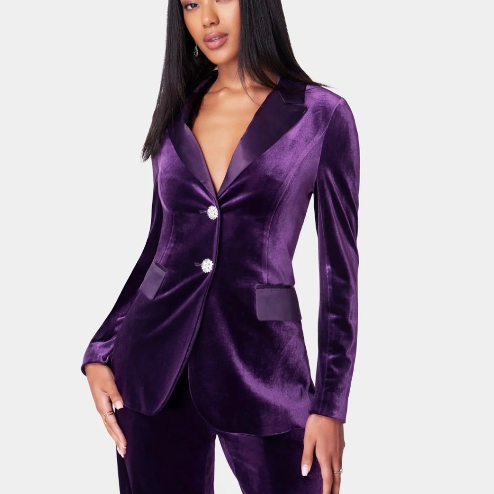bebe Tailored jacket and high waist wide leg pants in imperial purple